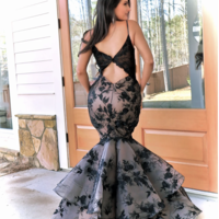 V Neck Prom Dresses Black Lace Mermaid  - Thumbnail 1