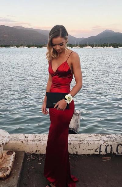 Spaghetti Straps Wine Red Long Sheath Prom Dress