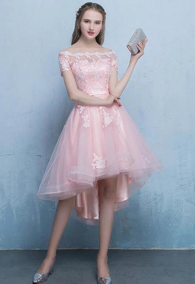 Off Shoulder High Low Beautiful Pink Tulle Homecoming Dress With Lace
