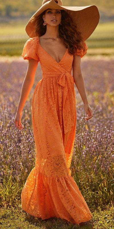 Simple Orange Lace Cap Sleeve Prom Dress Evening Dress