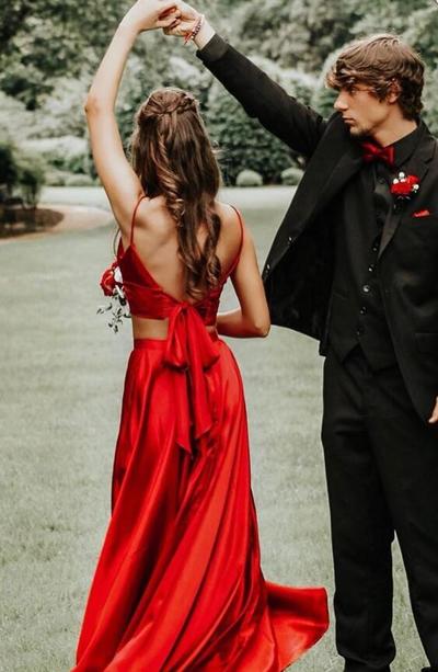 Two Piece Red Long Split Prom Dress