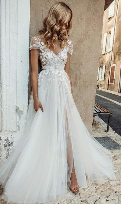 Off the Shoulder Tulle Split Wedding Gown with Applique Lace