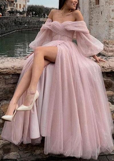 off the shoulder pink long prom dresses party gown