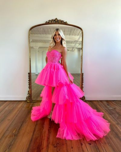 Cute A Line Sweetheart Hot Pink Tulle High-Low Prom Dresses