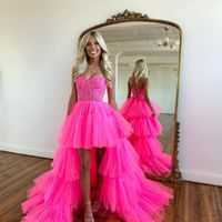 Cute A Line Sweetheart Hot Pink Tulle High-Low Prom Dresses - Thumbnail 1