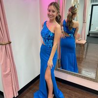 Cute Mermaid One Shoulder Royal Blue Satin Long Prom Dresses with Beaded - Thumbnail 1
