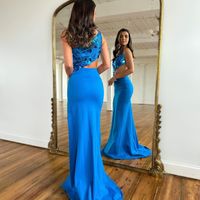 Cute Mermaid One Shoulder Royal Blue Satin Long Prom Dresses with Beaded - Thumbnail 2