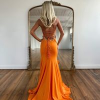 Cute Mermaid Sweetheart Orange Satin Long Prom Dresses with Beading - Thumbnail 1