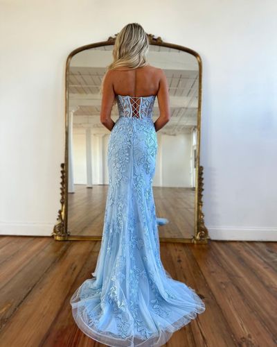 Cute Mermaid Sweetheart Light Blue Lace Long Prom Dresses with Beading