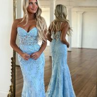 Cute Mermaid Sweetheart Light Blue Lace Long Prom Dresses with Beading - Thumbnail 1