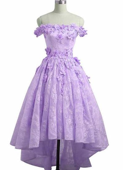 Off Shoulder Purple High Low Lace Prom Dresses
