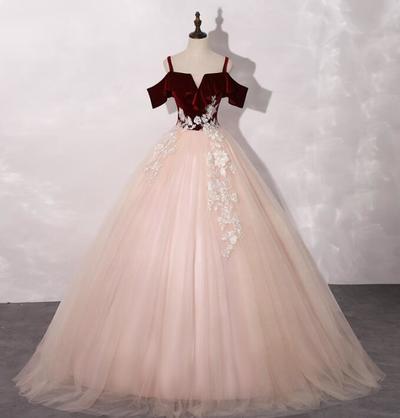 Charming Off Shoulder Red Velvet Top and Light Pink Tulle Ball Gown Prom Dresses
