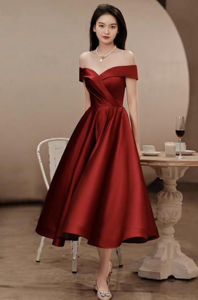 Elegant Simple Dark Red Tea Length Satin Prom Dresses