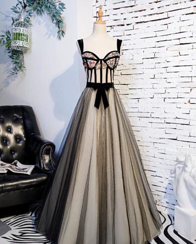 A Line Black and Champagne Tulle Long Unique Prom Dress
