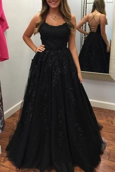 A Line Black Sleeveless Lace Prom Dresses