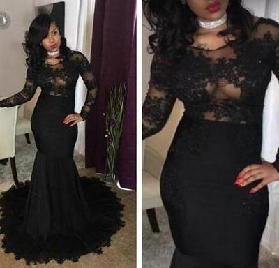 Mermaid Long Sleeves Stain Prom Dresses With Lace Appliques