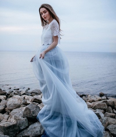 Beach Simple Two Pieces Lace Tulle Blue Wedding Dress Bridal Gown