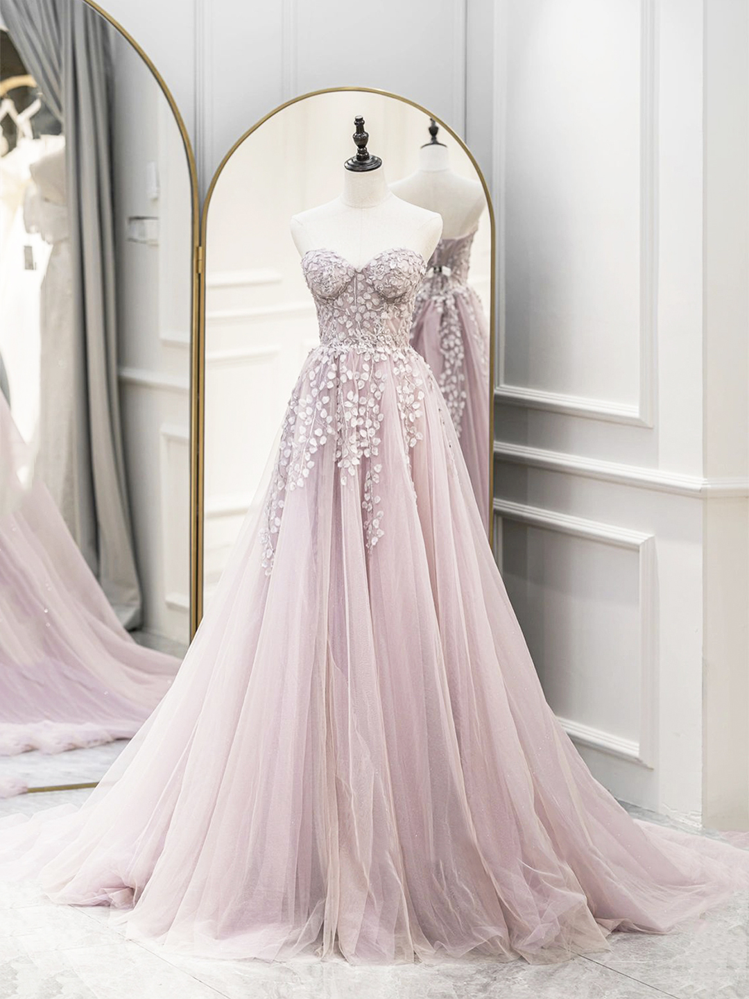 Pink Tulle Sweetheart Long Party Dress with Lace, Beautiful A-Line Prom Dress