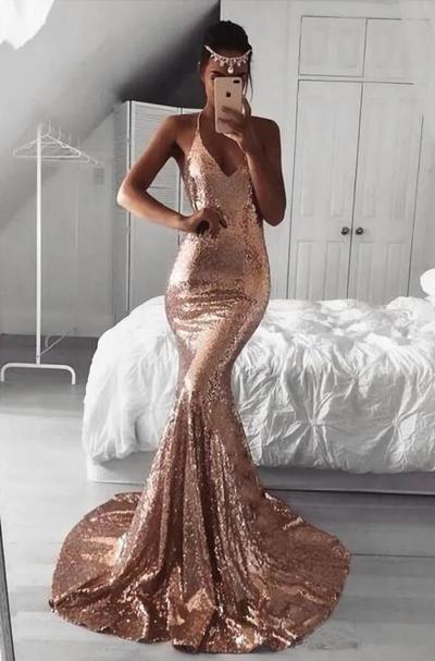 Simple V Neck Sparkling Sequin Prom Dresses