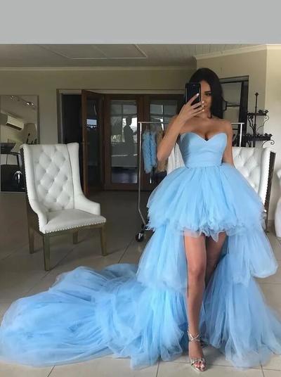 Sweetheart Light Blue High Low Tulle Prom Dresses