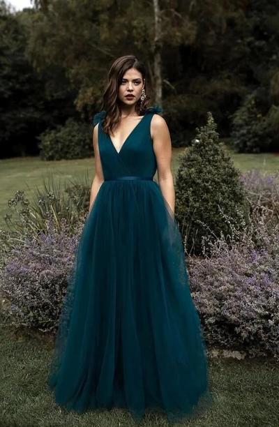 A Line V Neck Tulle Dark Blue Prom Dresses