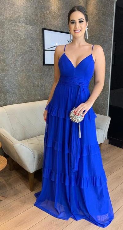 A line royal blue chiffon prom dresses with ruffles