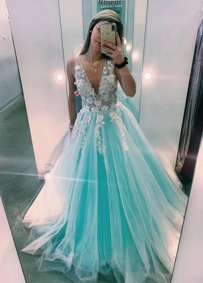 A Line V Neck Tulle Prom Dress With Flowers
