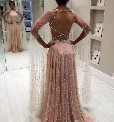 Sexy Pink Backless Pearls Sleeveless Evening Dresses