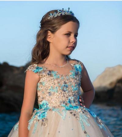 Beaded Crystals Tulle Ball Gown Girls Pageant Dresses 2019 Floral Appliques Flower Girls Dresses For Weddings Kids Birthday Communion