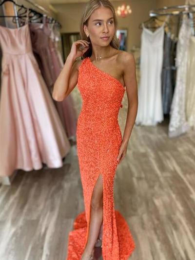 Elegant Simple One Shoulder Orange Sequin Prom Dresses