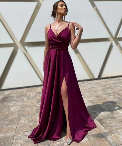 A-Line Burgundy V-Neck Satin Evening Dress With Slit