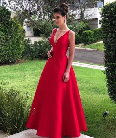 Floor Length Red Stain Long Prom Dress