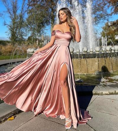 A Line Off Shoulder Blush Pink Long Prom Dresses with Slit