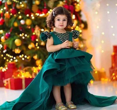 Hunter Green Cute Hi lo Girls Pageant Dresses Sweep Train Sequin Beaded Flower Girl Party Gowns