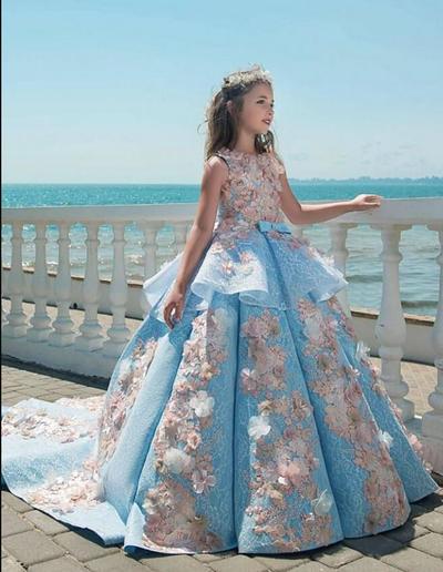 Blue Lace Girls Pageant Dresses Ball Gown Children Birthday Holiday Wedding Party Dresses Teenage Princess Toddler Dresses Sweep Train