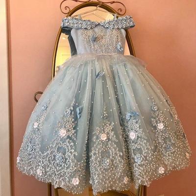 Cute Light Sky Blue Girls Pageant Dresses Princess Tulle Lace Appliques Pearls Kids Flower Girl Dress Ball Gown Birthday Gowns