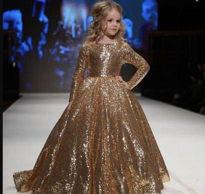 Gold Seuiqns Ball Gown Little Girls Pageant Dresses With Long Sleeves Princess Formal Party Gowns Custom Made