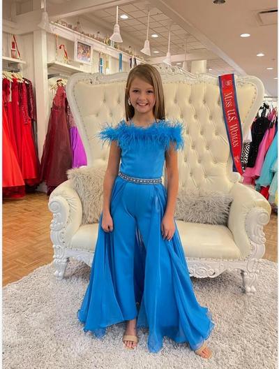 Blue Girl Pageant Dress Jumpsuit Romper Tulle Overlay Little Kids Birthday Cold-Shoulder Formal Party Gown Infant Toddler Teens