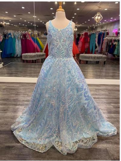 Liquid Sequins Girl Pageant Dresses Scoop Neckline A-Line Preteen Formal Event Wear Gowns Lace-Up Back