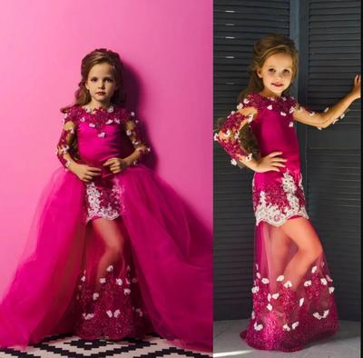 Bling Girls Pageant Dresses Fuchsia Long Sleeves Lace Crystal Beaded With Flowers Flower Girl Dresses Kids Wear Birthday Communion Dress Overskirts