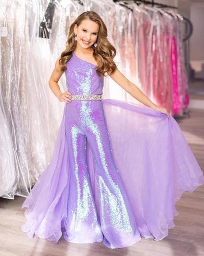 Lilac Girl Pageant Dress Jumpsuit Sequin Romper Flared Pants Organza Beading Skirt little Kid Birthday One-Shoulder Formal Party Gown