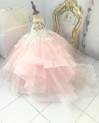 Pink Lace Flower Girl Dresses Sheer Neck Tiers Ball Gown Little Girl Wedding Dresses Cheap Communion Pageant Dress