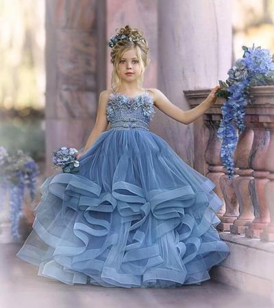 Dusty Blue Spaghetti Straps Tulle Flower Girl Dresses Lace 3D Floral Appliques Tiered Ruffles Girls Pageant Dress Kids Birthday Party Gown