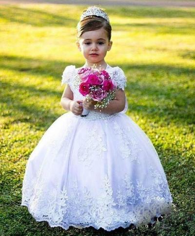 Country Flower Girl Dresses Ball Gown Jewel Cap Sleeve Floor Length Girls Pageant Dresses With Lace Applique Bow For Wedding
