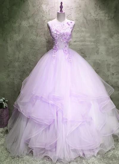 Lavender Tulle with Flowers Ball Gown Long Formal Dress