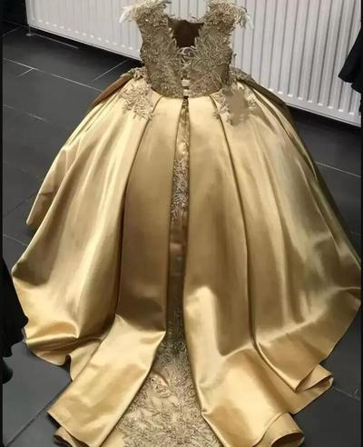 Gold Crystal Flower Girls Dress Pageant Dresses Ball Gown Beaded Toddler Infant Clothes Little Kids Birthday Gowns