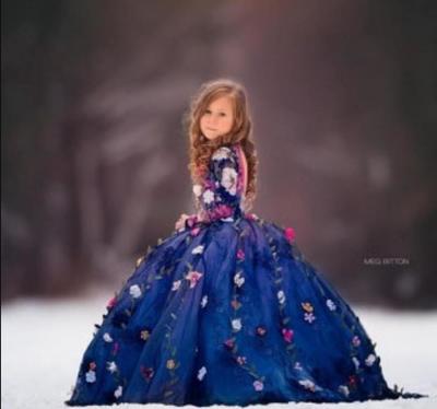 Pretty Fairty Flower Girls Dress High Neck Long Sleeve 3D Floral Apliques Girls Pageant Dresses Lovely Hand Made Flowers Birthday Dress