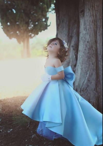 Baby Blue Flower Girls Dresses Off Shoulder Big Bow Hi-Lo Satin Simple Princess Girls Pageant Dress For Kids Toddler Dress Custom