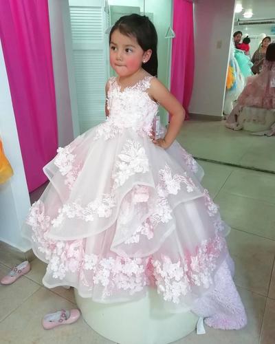 Cute Pink Flower Girl Dresses for Wedding Lace 3D Floral Appliqued Little Girls Pageant Dress Tiered Skirts
