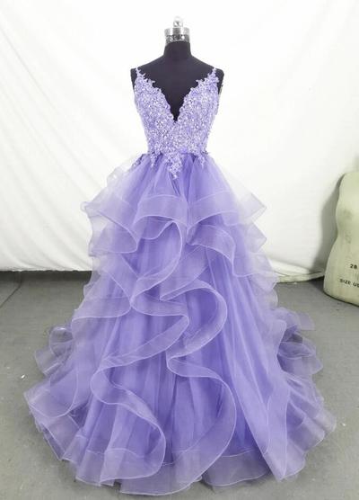 Lovely Purple Tulle Long Lace Formal Prom Dress